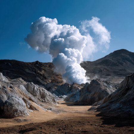 A mountain range with a large cloud of smoke rising from the top. The sky is clear and blueの素材