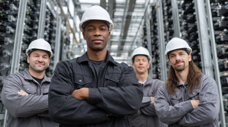 Four men in construction gear are posing for a picture. They are all wearing hard hats and black jacketsの素材