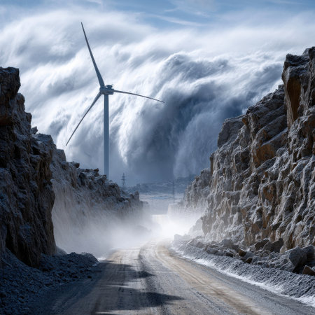 A wind turbine is in the middle of a snowy mountain pass. The wind is blowing so hard that it is creating a huge wave of snow. The scene is both beautiful and powerfulの素材