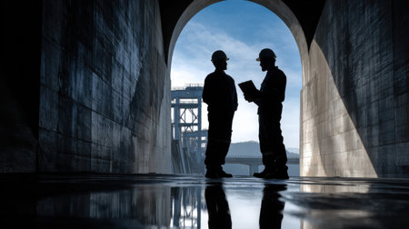 Two men standing in a tunnel, one of them holding a clipboard. Scene is serious and focusedの素材