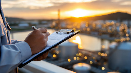 A man is writing on a clipboard while looking at a beautiful sunset. Concept of calm and reflection, as the man takes a moment to jot down his thoughts or ideas. The sunset serves as a backdropの素材