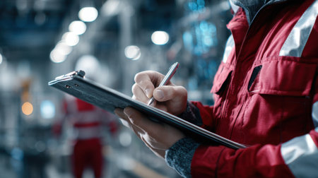 A man in a red jacket is writing on a clipboard. The clipboard is on his lap and he is using a pen to write. The scene appears to be in a factory or industrial settingの素材