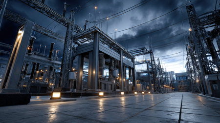 A cityscape with a large power plant in the center. The sky is dark and cloudy, and the lights from the power plant illuminate the area. Scene is somewhat ominous and forebodingの素材