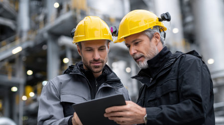 Two men wearing hard hats are looking at a tablet. They are discussing something important. Scene is serious and focusedの素材