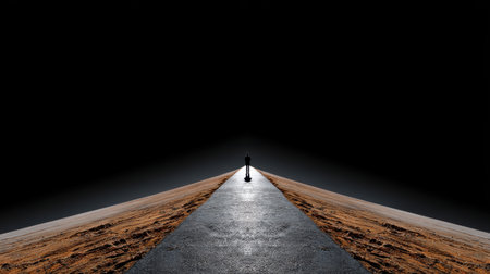 A person is walking down a long, dark road. The road is empty and the person is the only one on it. Scene is lonely and desolateの素材