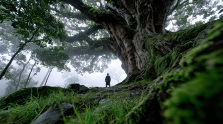 A person stands in front of a large tree in a forest. The tree is covered in moss and the sky is cloudyの素材
