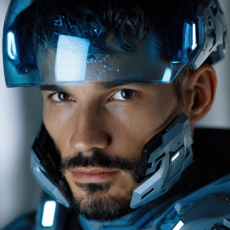 A man with a blue helmet on his head. He has a beard and a mustache. He is wearing a blue suitの素材