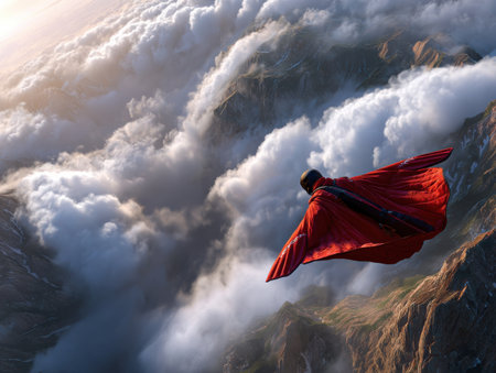 A man in a red cape is flying through the sky. The sky is filled with clouds and the man is soaring high above the mountains. The scene is filled with a sense of adventure and freedomの素材