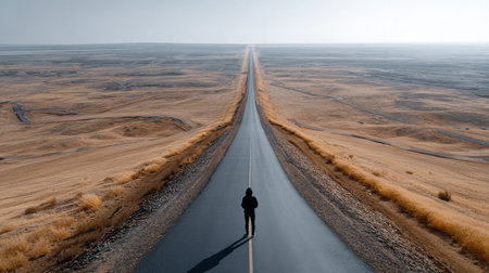 A lone person is walking down a long, empty road. The road is surrounded by a vast, barren desert landscape. The person appears to be lost or searching for somethingの素材