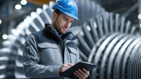 A man in a blue helmet and safety vest is looking at a tablet. He is wearing a hard hat and is standing in front of a large machineの素材