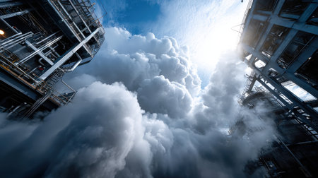 A large cloud of smoke is rising from a factory. The sky is clear and blue, but the smoke is blocking the sun. The scene is ominous and forebodingの素材