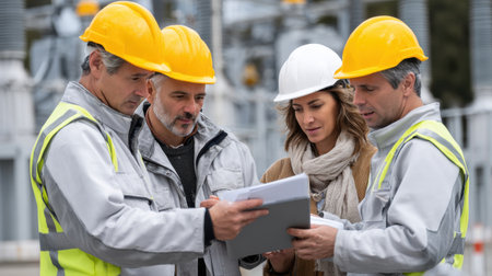 A group of construction workers are looking at a tablet while wearing hard hats. They are discussing the project and making sure they are on the same pageの素材