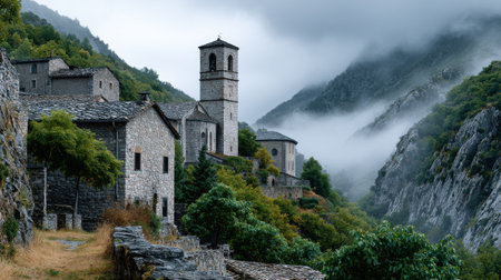 A mountain village with a church and houses. The sky is cloudy and the mountains are covered in fogの素材