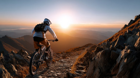 A man is riding a bike on a mountain trail. The sun is setting in the background, casting a warm glow over the scene. The man is wearing a helmet and a backpack, and the trail is rocky and unevenの素材