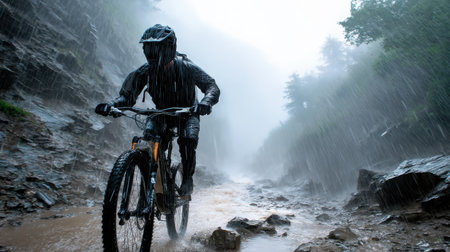 A man is riding a bike in the rain. The bike is on a muddy trail. The man is wearing a helmet and a black jacket. The rain is falling heavily, making the trail slippery and difficult to navigateの素材