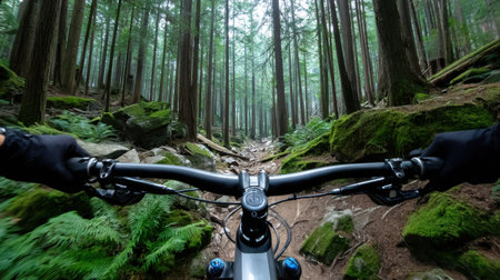 A person is riding a bike in a forest with moss on the ground. The bike is leaning to the rightの素材