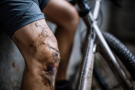 A person with a knee injury is sitting on a bike. The bike is dirty and has a chainの素材