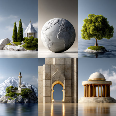 The image is a collection of six different scenes, each featuring a unique building or landmark. The buildings are all made of stone and are situated in various locations, including a mountain, a cityの素材