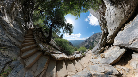 A mountain view with a tree in the middle of the scene. The tree is surrounded by a staircase that leads up to the top of the mountain. The view is breathtaking and sereneの素材