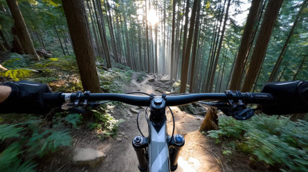 A person is riding a bike through a forest. The bike is equipped with a camera, and the rider is capturing the moment. Scene is adventurous and excitingの素材