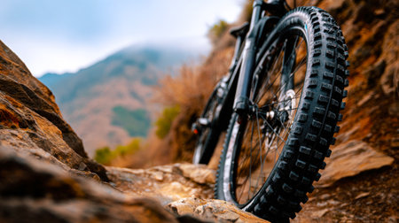 A mountain bike tire is shown in a close up. The tire is black and has a lot of tread. Concept of adventure and excitement, as the tire is ready to be used for mountain bikingの素材