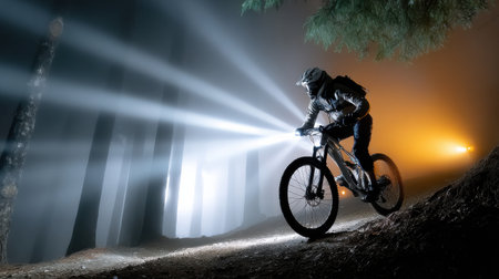A man is riding a bike in the woods at night. The bike is lit up by a light, and the man is wearing a helmet. The scene is dark and mysterious, with the trees casting shadows on the groundの素材