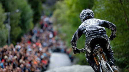 A man is riding a bike down a hill with a crowd of people watching. The man is wearing a black and white outfit and a helmet. The crowd is watching the man as he rides down the hillの素材