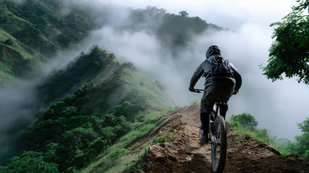 A man is riding a bike on a mountain trail. The sky is cloudy and the mountain is covered in treesの素材