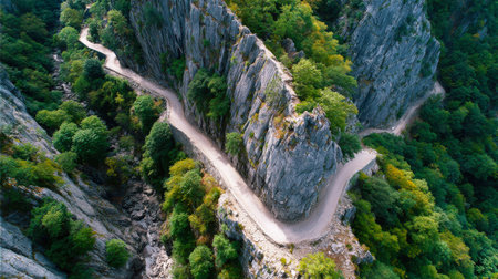 A winding road with trees on either side. The road is narrow and winding, and the trees are lush and green. Concept of adventure and exploration, as the road seems to lead to unknown destinationsの素材
