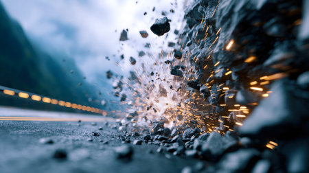 A mountain range is in the background with a road in the foreground. The road is covered in rocks and debris, and there is a car in the middle of the scene. Scene is chaotic and dangerousの素材