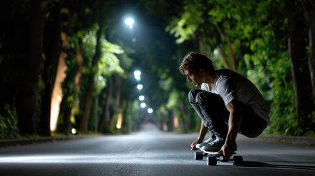 A man is crouching on a skateboard in a dark alleyway. The scene is moody and mysterious, with the man's silhouette against the light of the street lamps. The darkness adds an element of dangerの素材