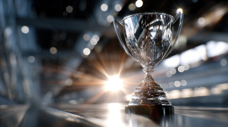 A silver trophy is sitting on a table. The trophy is shiny and has a golden rim. Concept of achievement and successの素材
