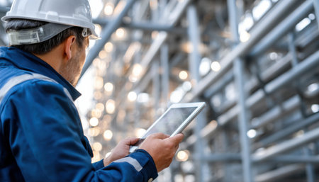 A man wearing a hard hat and safety glasses is using a tablet to look at a building. Concept of focus and concentration as the man studies the structureの素材