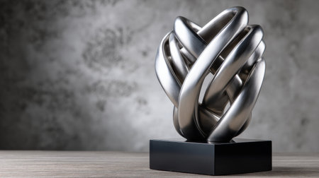 A silver sculpture of a twisted chain with a black base. The sculpture is placed on a wooden tableの素材