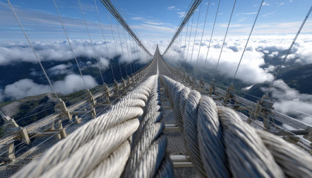 A rope bridge with a view of mountains and clouds. The rope bridge is white and the clouds are white and greyの素材