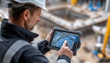 A man wearing a hard hat is looking at a tablet with a map on it. He is likely a construction worker or engineer, using the tablet to navigate or plan a projectの素材
