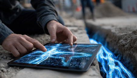 A man is using a tablet to draw a picture of a city. The tablet is displaying a blue and white image of a city with a lot of electricityの素材