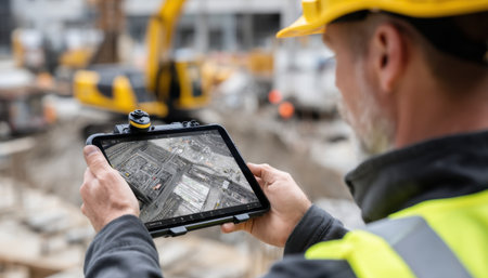 A man wearing a yellow safety vest is holding a tablet and looking at a map. He is likely a construction worker or engineer, using the tablet to navigate or plan a projectの素材