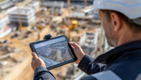 A man is holding a tablet and looking at a map of a construction site. He is wearing a hard hat and he is focused on the screenの素材