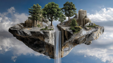 A cityscape with a waterfall in the middle of it. The waterfall is surrounded by trees and buildings. The sky is blue and cloudyの素材