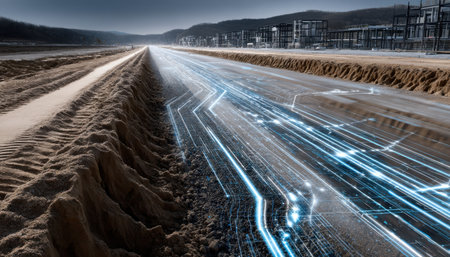 A long road with a blue line running down the middle. The blue line is made up of many small lines that are connected to each other. The road is surrounded by dirt and he is a construction siteの素材