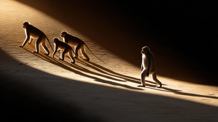 A group of monkeys walking on a sandy beach. One of the monkeys is carrying a baby. The scene is peaceful and sereneの素材