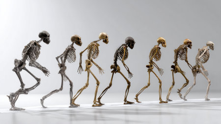 A group of skeletons are lined up in a row, with some of them having their hands on their hips. The scene gives off a sense of movement and progressionの素材