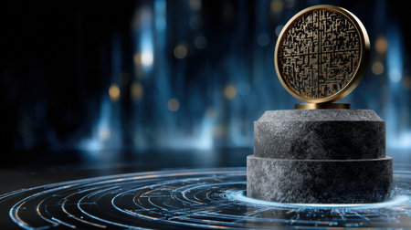 A gold coin with a blue background. The coin is on a stone pedestal. The background is a blue and purple swirlの素材