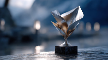 A silver and gold sculpture of a flower is sitting on a pedestal. The sculpture is surrounded by water and mountains in the backgroundの素材