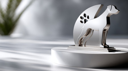 A silver dog statue with a paw print on it. The dog is standing on a white pedestalの素材