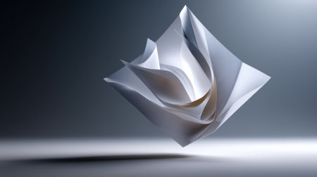 A piece of paper is folded into a triangle and is floating in the air. Concept of lightness and freedom, as the paper is not constrained by gravity and is able to move freelyの素材
