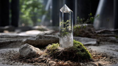 A beautiful crystal clear glass pyramid with a small green plant growing on it. The plant is surrounded by a layer of moss, giving it a natural and serene appearanceの素材