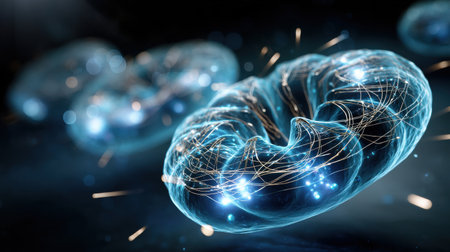 A blue sphere with a lot of lines and dots on it. The sphere is surrounded by a dark backgroundの素材