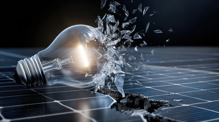 A light bulb is shattered on a black surface. The light bulb is broken into pieces and the shards are scattered across the surface. Concept of destruction and chaosの素材